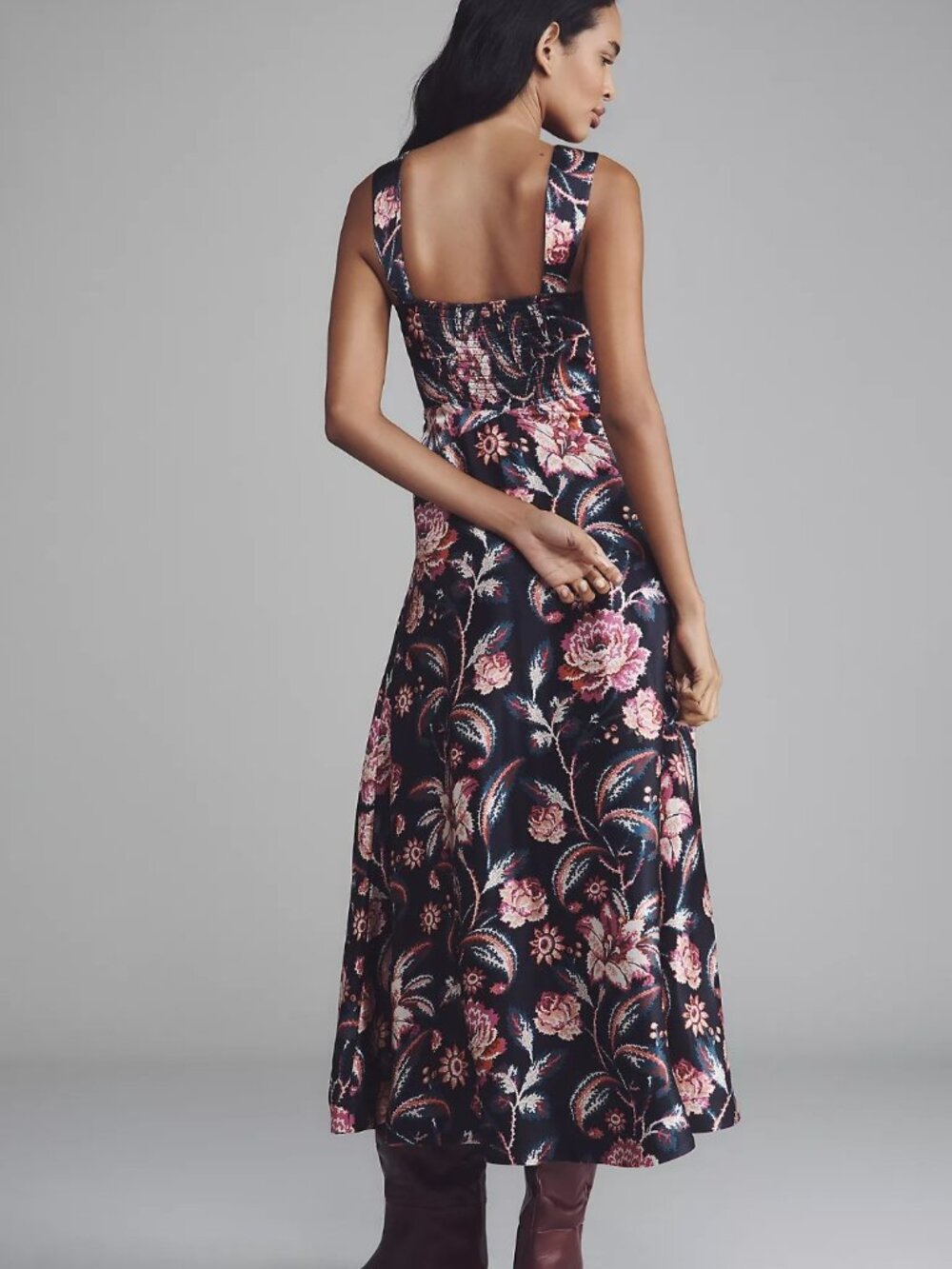 Anthropologie Floral Satin Maxi Dress in Black and Pink - Picture 3 of 9